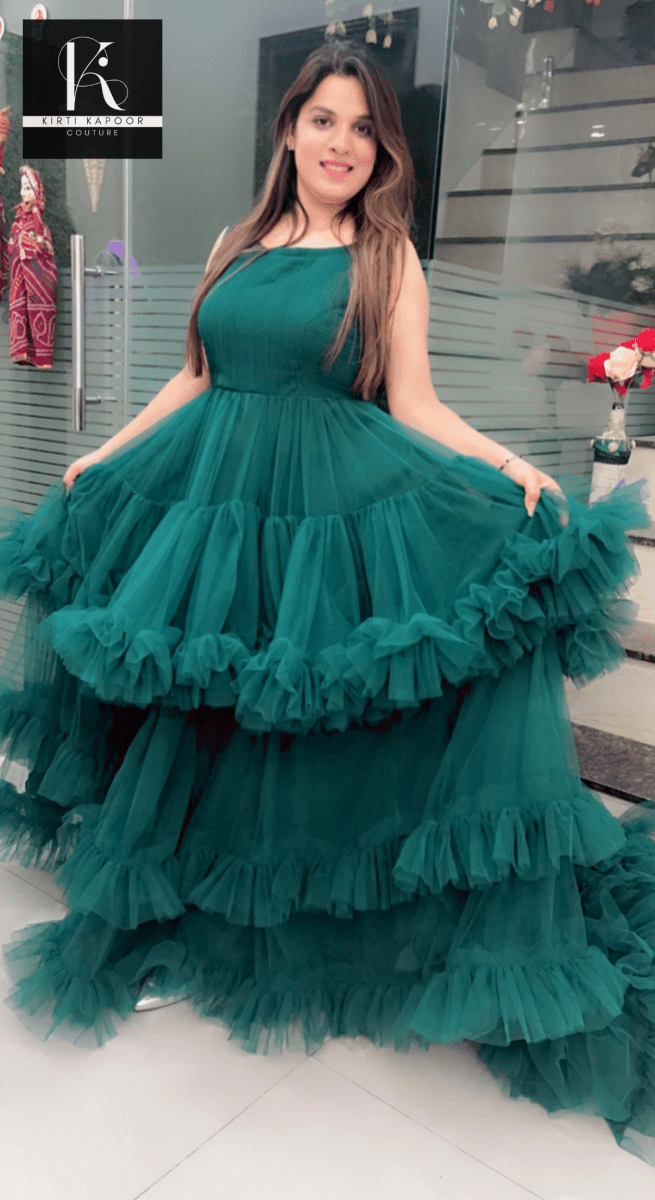 Bottle Green Trail Gown - Kirti Kapoor Couture