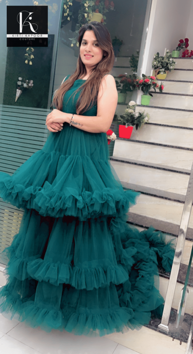 Bottle Green Trail Gown - Kirti Kapoor Couture