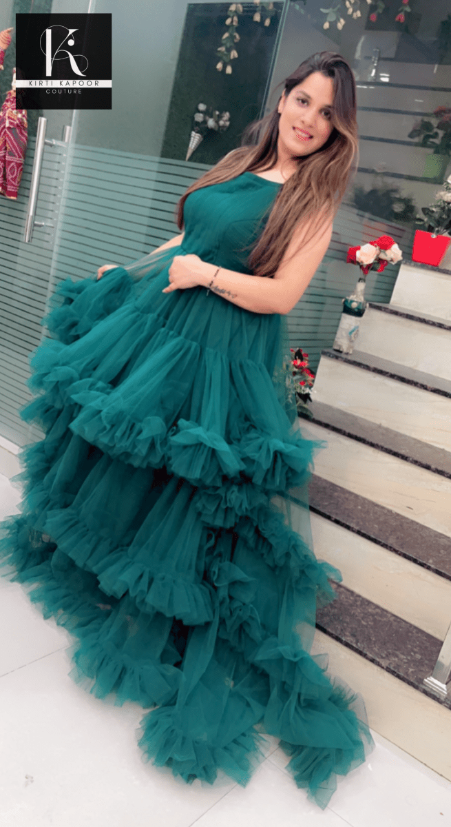 Bottle Green Trail Gown - Kirti Kapoor Couture