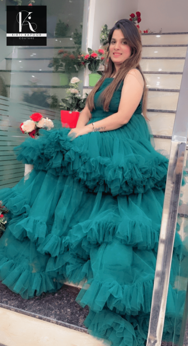 Bottle Green Trail Gown - Kirti Kapoor Couture