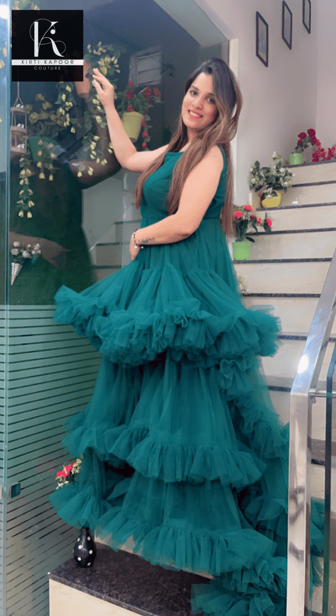 Bottle Green Trail Gown - Kirti Kapoor Couture