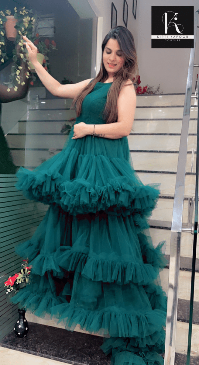 Bottle Green Trail Gown - Kirti Kapoor Couture