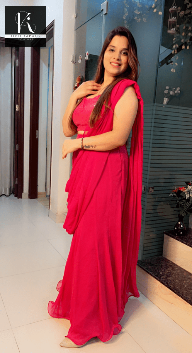 Bright Pink Shimmer Saree with Sequence Blouse - Kirti Kapoor Couture