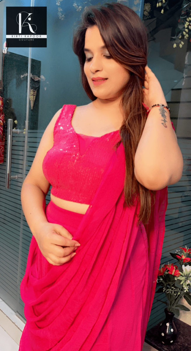 Bright Pink Shimmer Saree with Sequence Blouse - Kirti Kapoor Couture