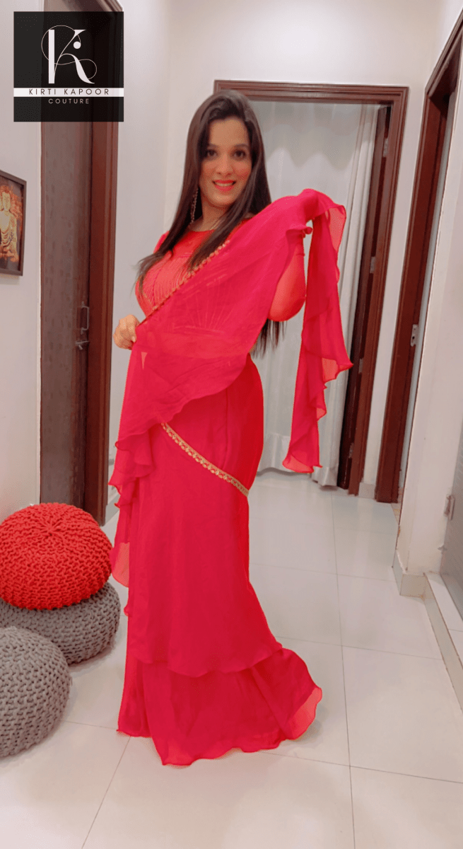 Bright Red Saree With Gold Highlights - Wedding Collection - Kirti Kapoor Couture