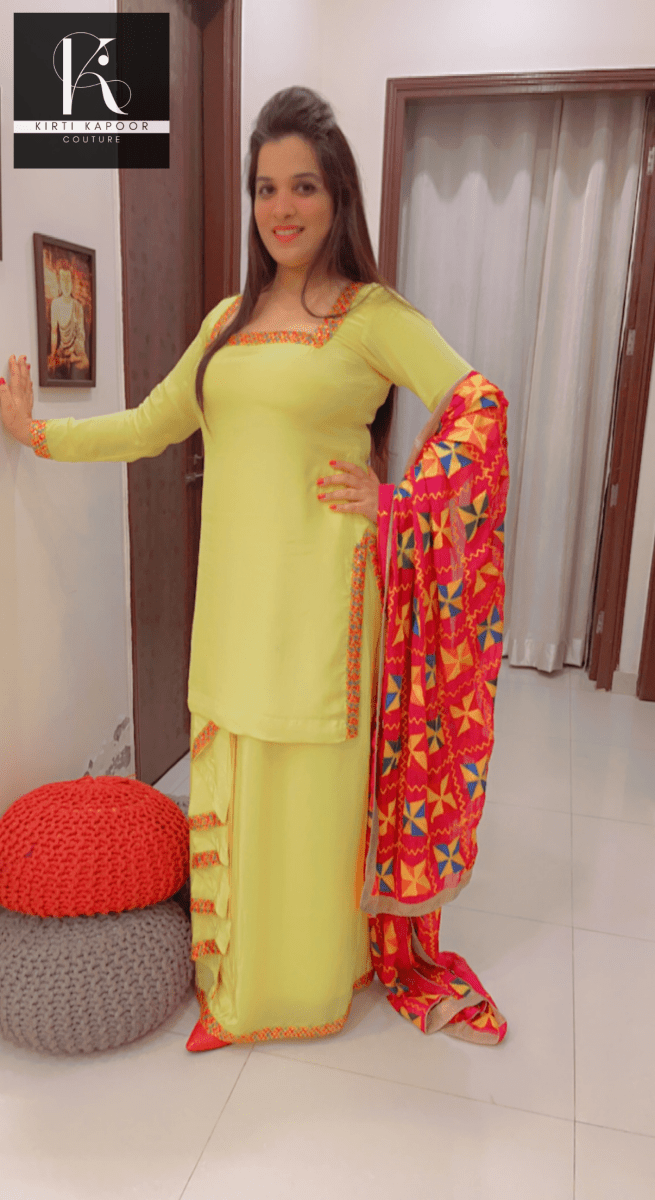 Bright Yellow Chadra Style Suit (Traditional Punjabi Attire) - Kirti Kapoor Couture
