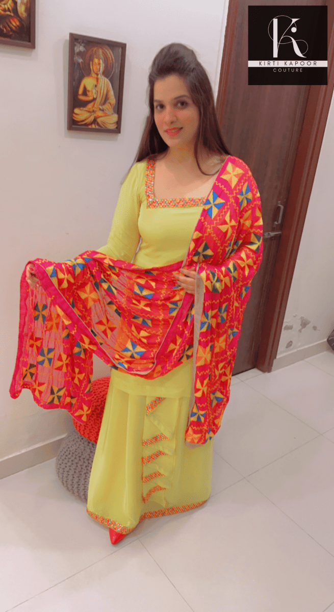 Bright Yellow Chadra Style Suit (Traditional Punjabi Attire) - Kirti Kapoor Couture