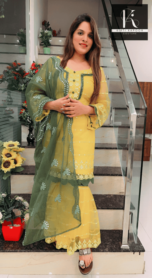 Bright Yellow Designer Suit With A Cut - Work Garara - Kirti Kapoor Couture