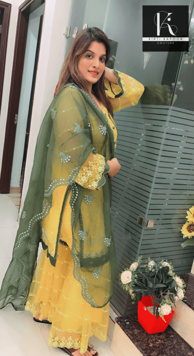 Bright Yellow Designer Suit With A Cut - Work Garara - Kirti Kapoor Couture