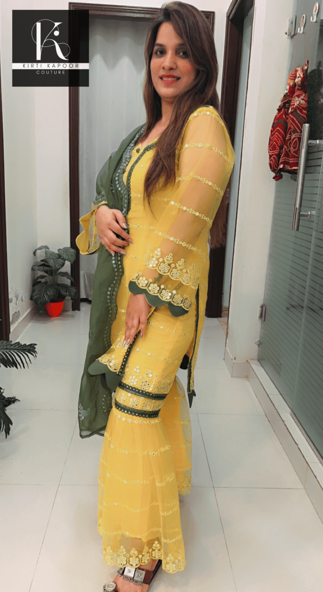 Bright Yellow Designer Suit With A Cut - Work Garara - Kirti Kapoor Couture