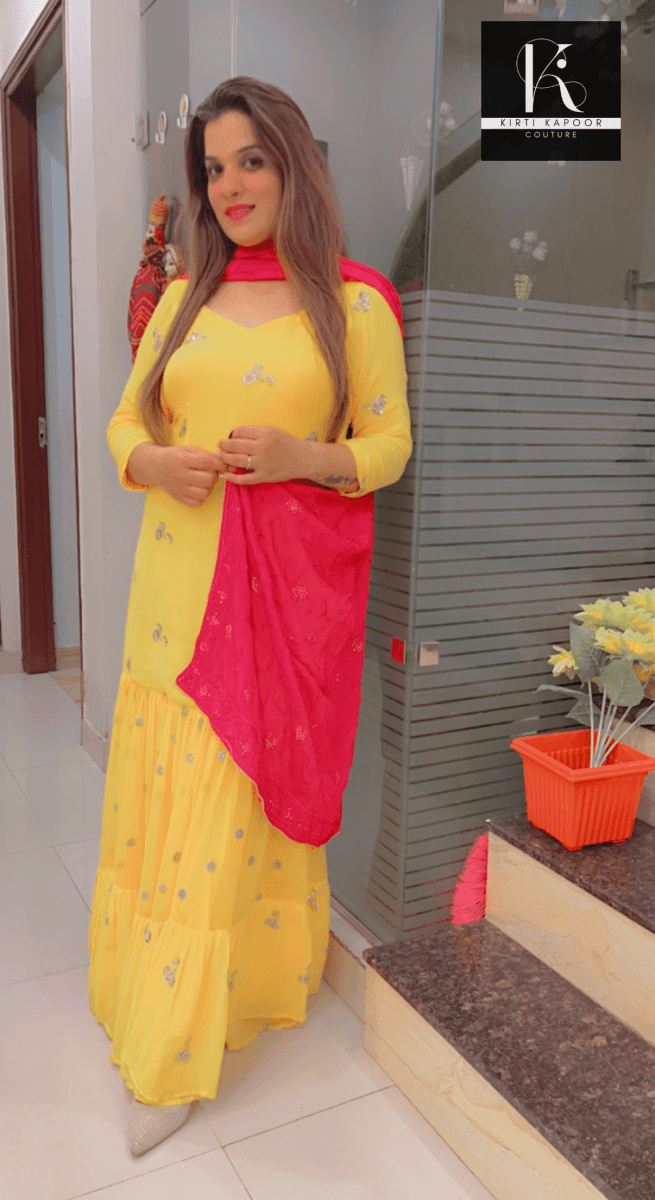 Bright Yellow One - piece with Pink Dupatta - Kirti Kapoor Couture