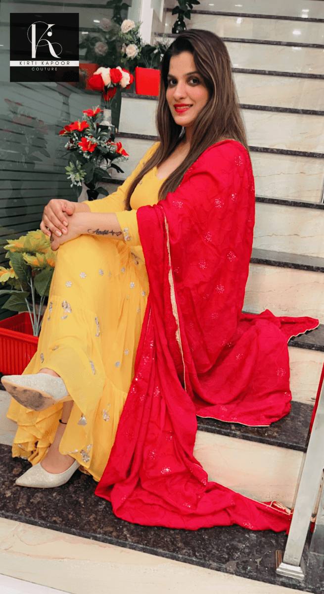 Bright Yellow One - piece with Pink Dupatta - Kirti Kapoor Couture