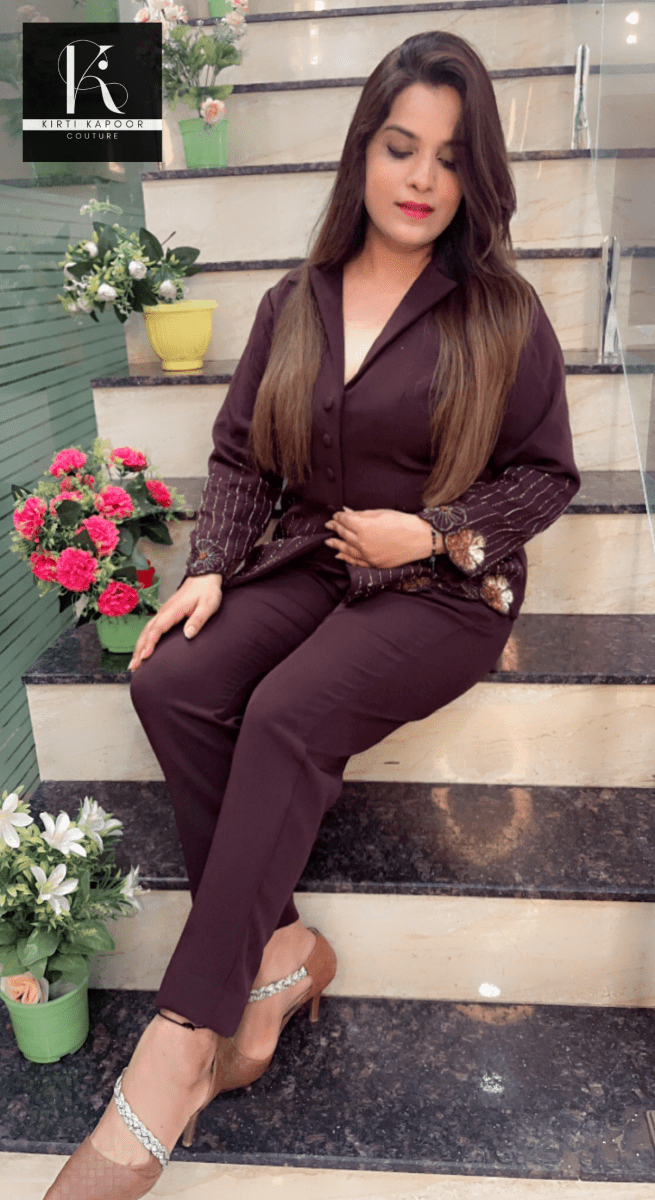 Brown Embroidered Blazer and Pant Set - Kirti Kapoor Couture