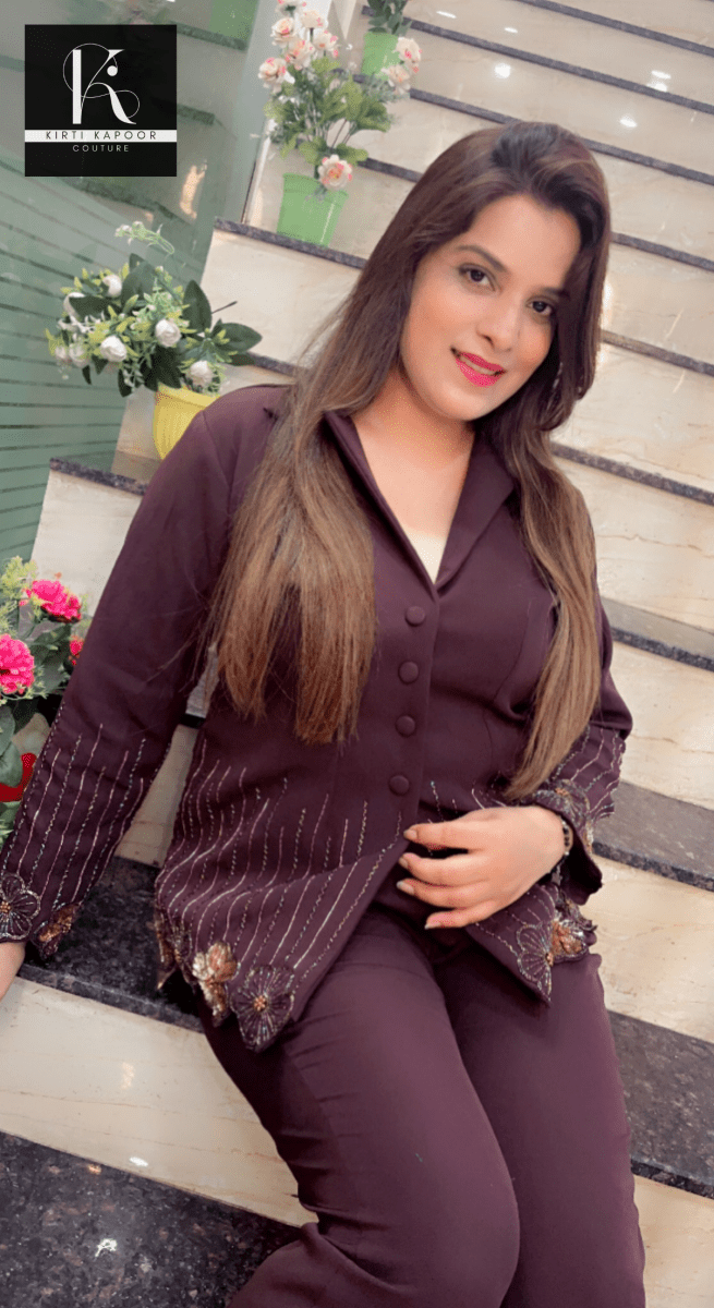 Brown Embroidered Blazer and Pant Set - Kirti Kapoor Couture
