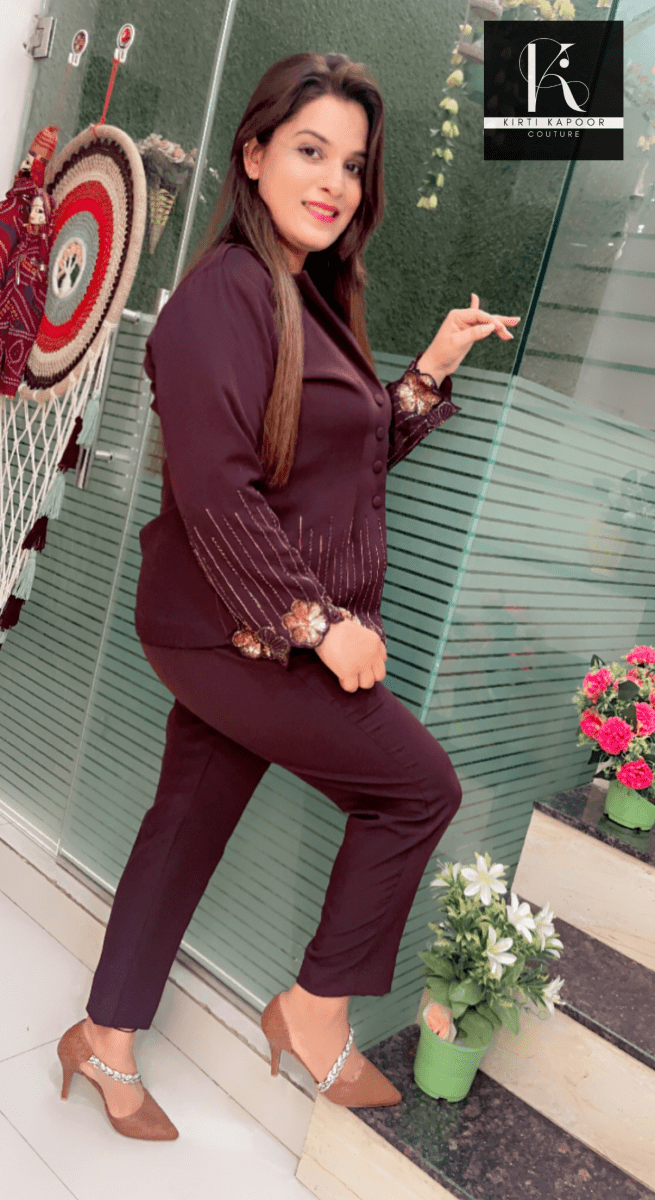 Brown Embroidered Blazer and Pant Set - Kirti Kapoor Couture