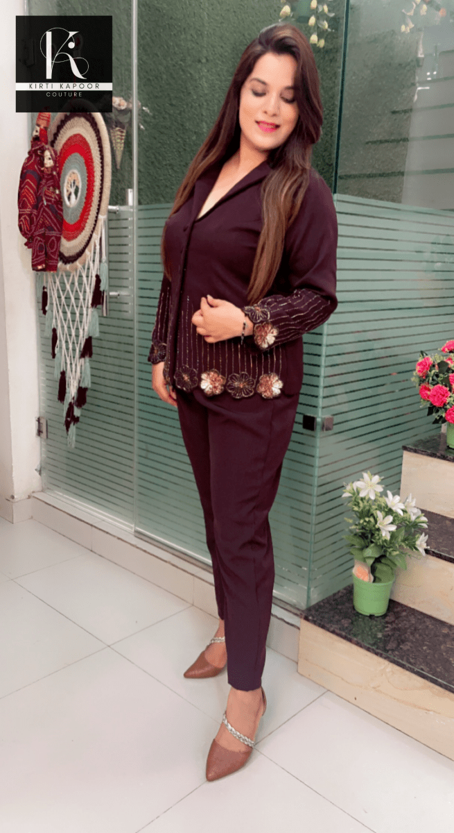 Brown Embroidered Blazer and Pant Set - Kirti Kapoor Couture