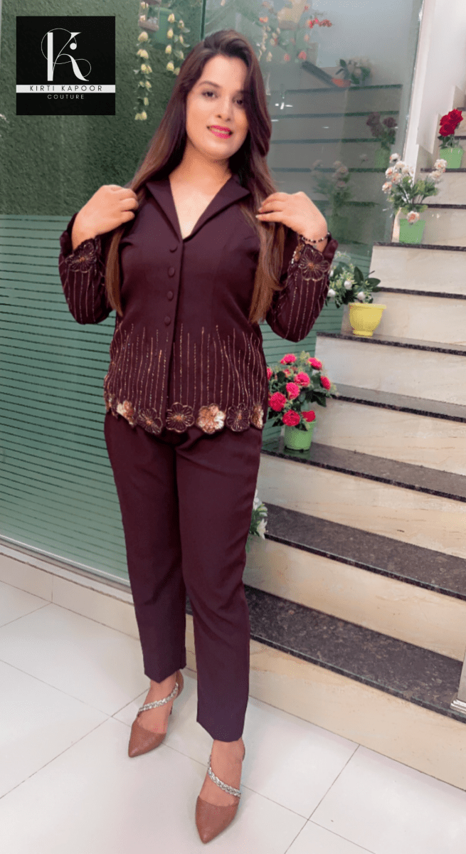 Brown Embroidered Blazer and Pant Set - Kirti Kapoor Couture