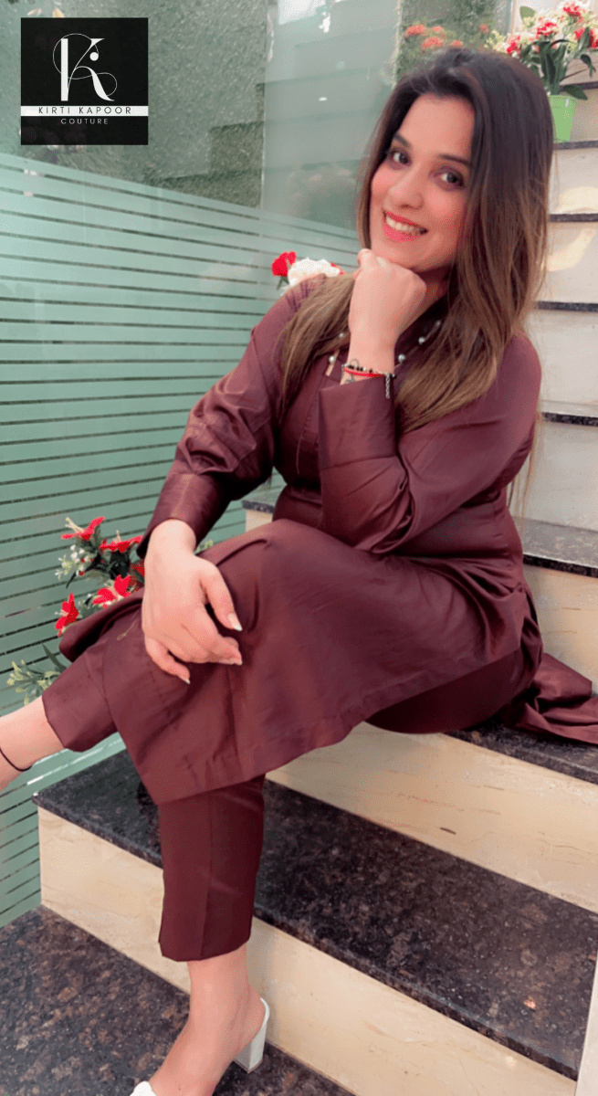 Brown Kurti and Pant Set (Pearl - Worked Neckline) - Kirti Kapoor Couture