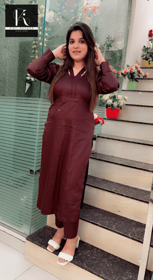 Brown Kurti and Pant Set (Pearl - Worked Neckline) - Kirti Kapoor Couture