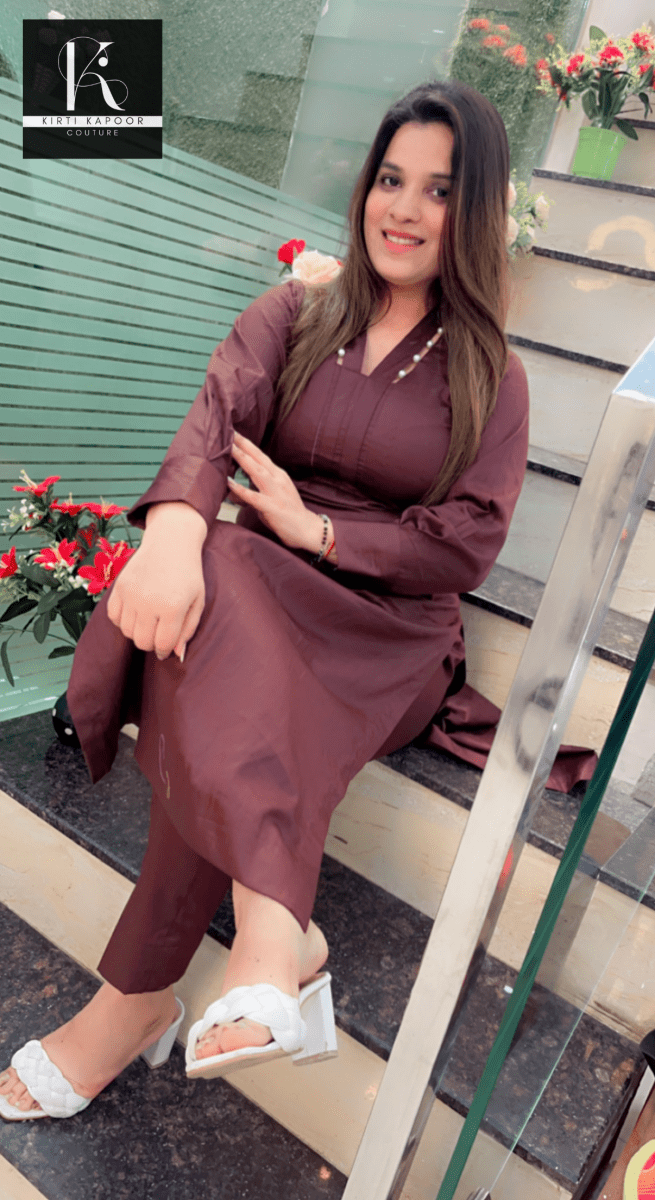 Brown Kurti and Pant Set (Pearl - Worked Neckline) - Kirti Kapoor Couture