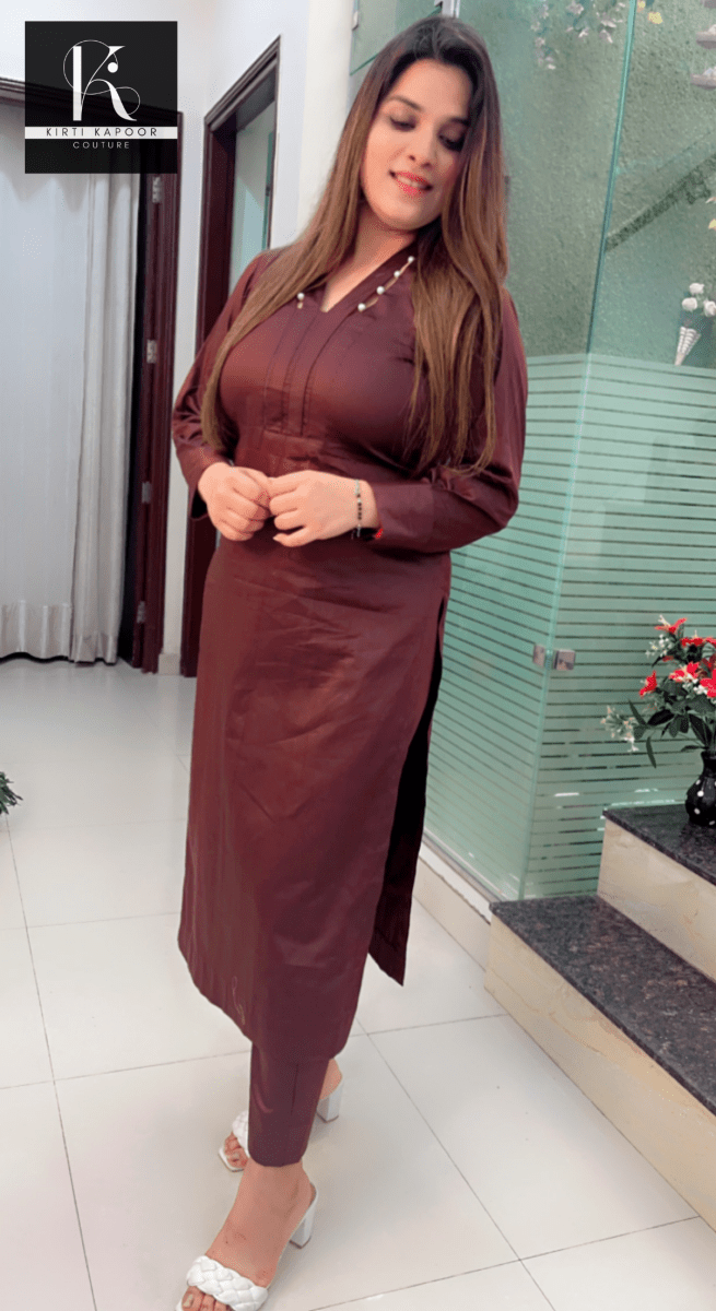 Brown Kurti and Pant Set (Pearl - Worked Neckline) - Kirti Kapoor Couture