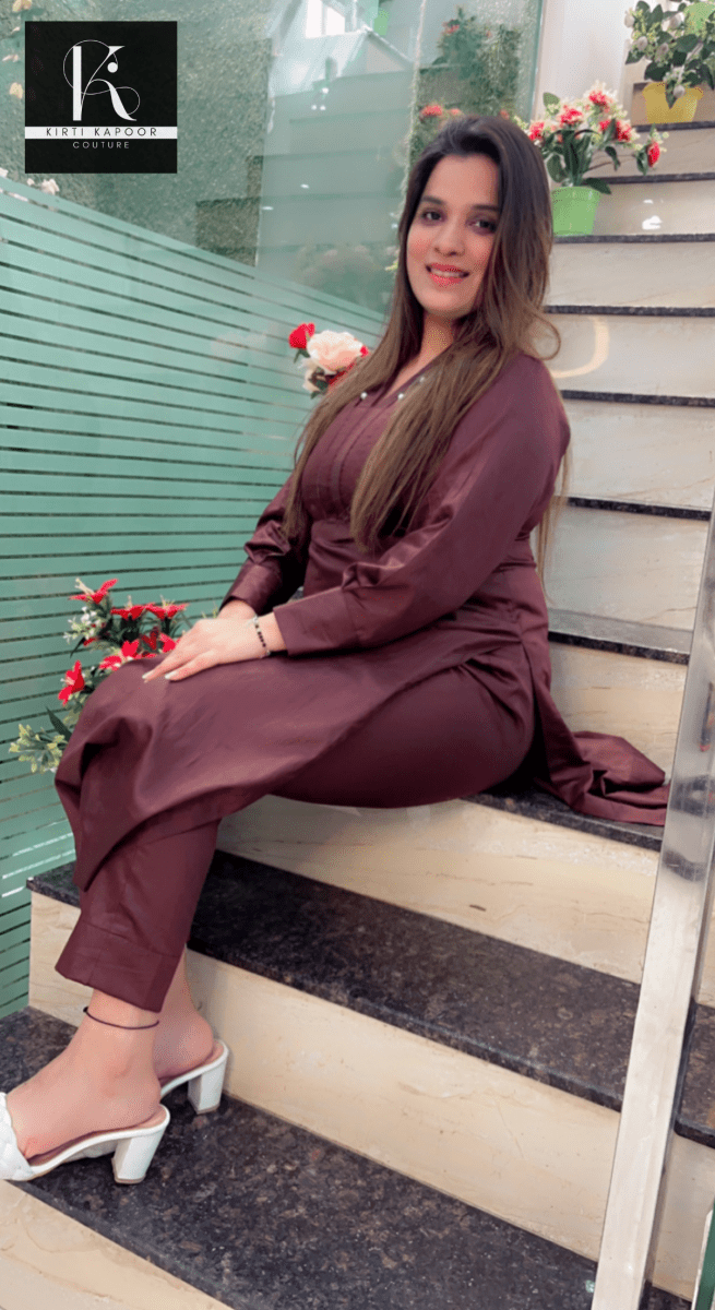 Brown Kurti and Pant Set (Pearl - Worked Neckline) - Kirti Kapoor Couture