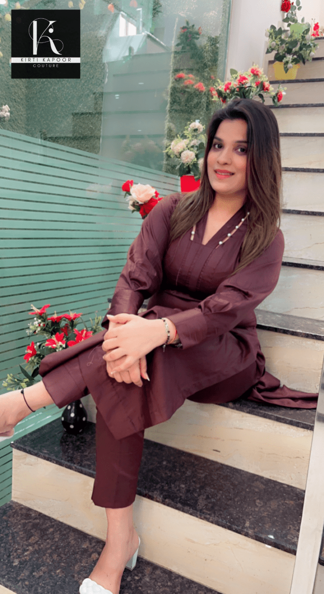 Brown Kurti and Pant Set (Pearl - Worked Neckline) - Kirti Kapoor Couture