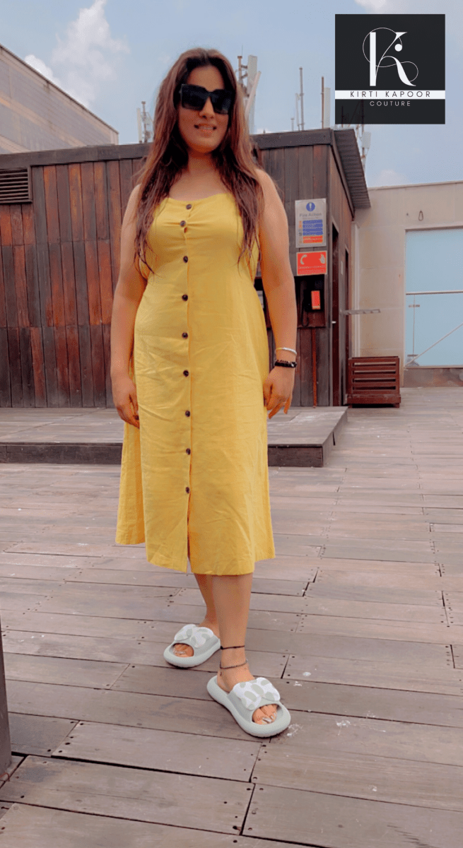 Casual Yellow Dress With Black Buttons - Kirti Kapoor Couture