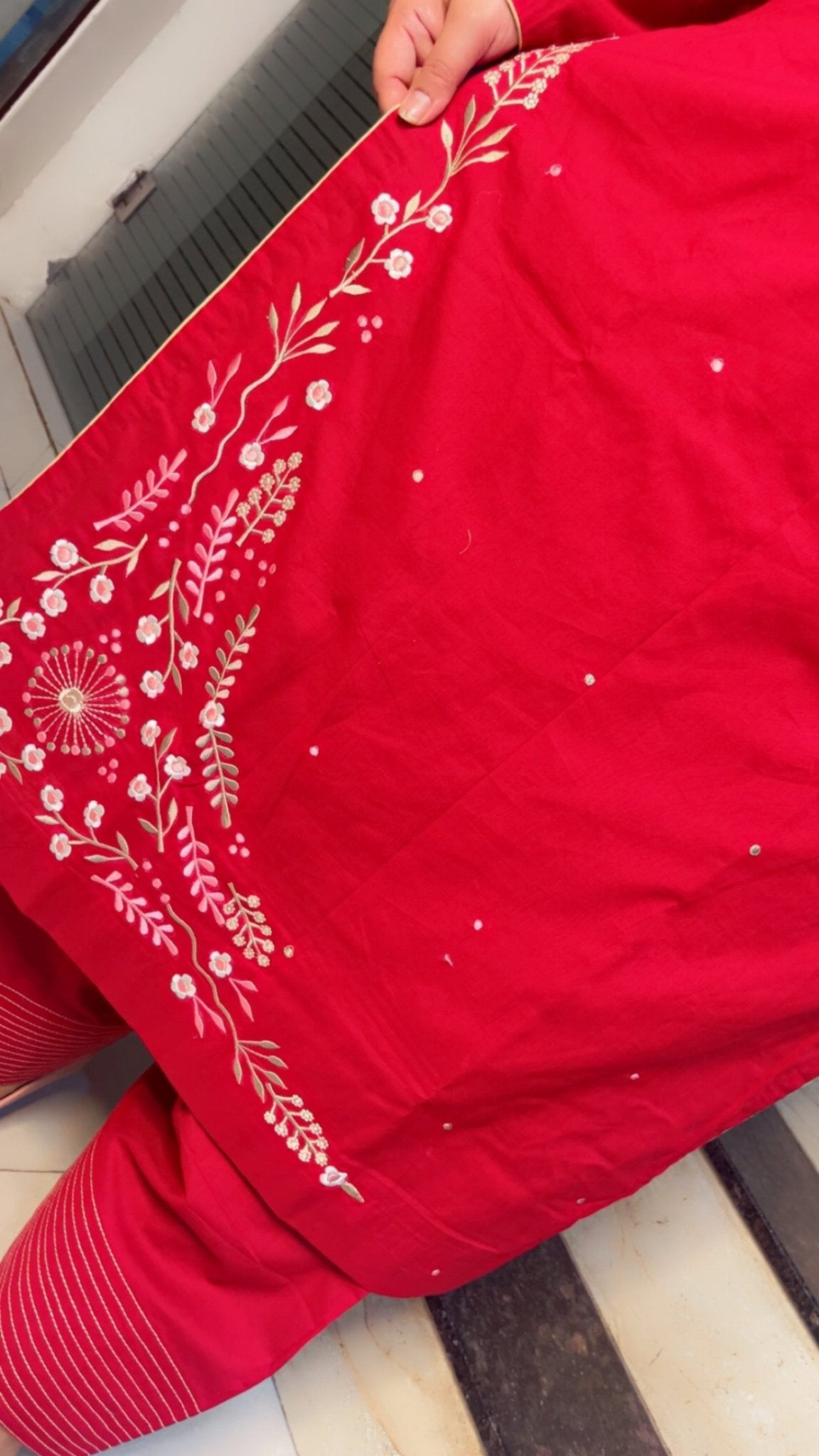 Cherry colored Embroidered Straight - Shirt with Farshi Salwar - Kirti Kapoor Couture