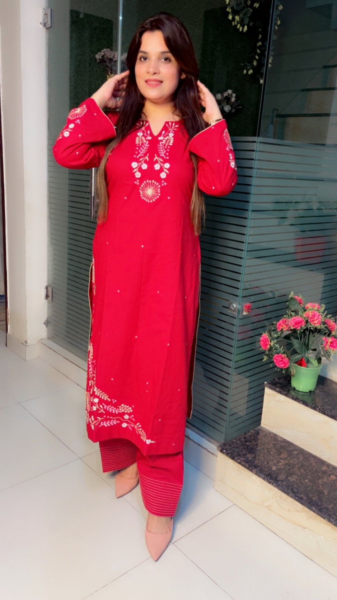 Cherry colored Embroidered Straight - Shirt with Farshi Salwar - Kirti Kapoor Couture