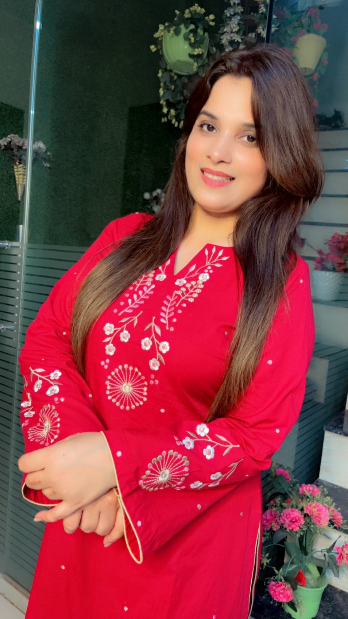 Cherry colored Embroidered Straight - Shirt with Farshi Salwar - Kirti Kapoor Couture