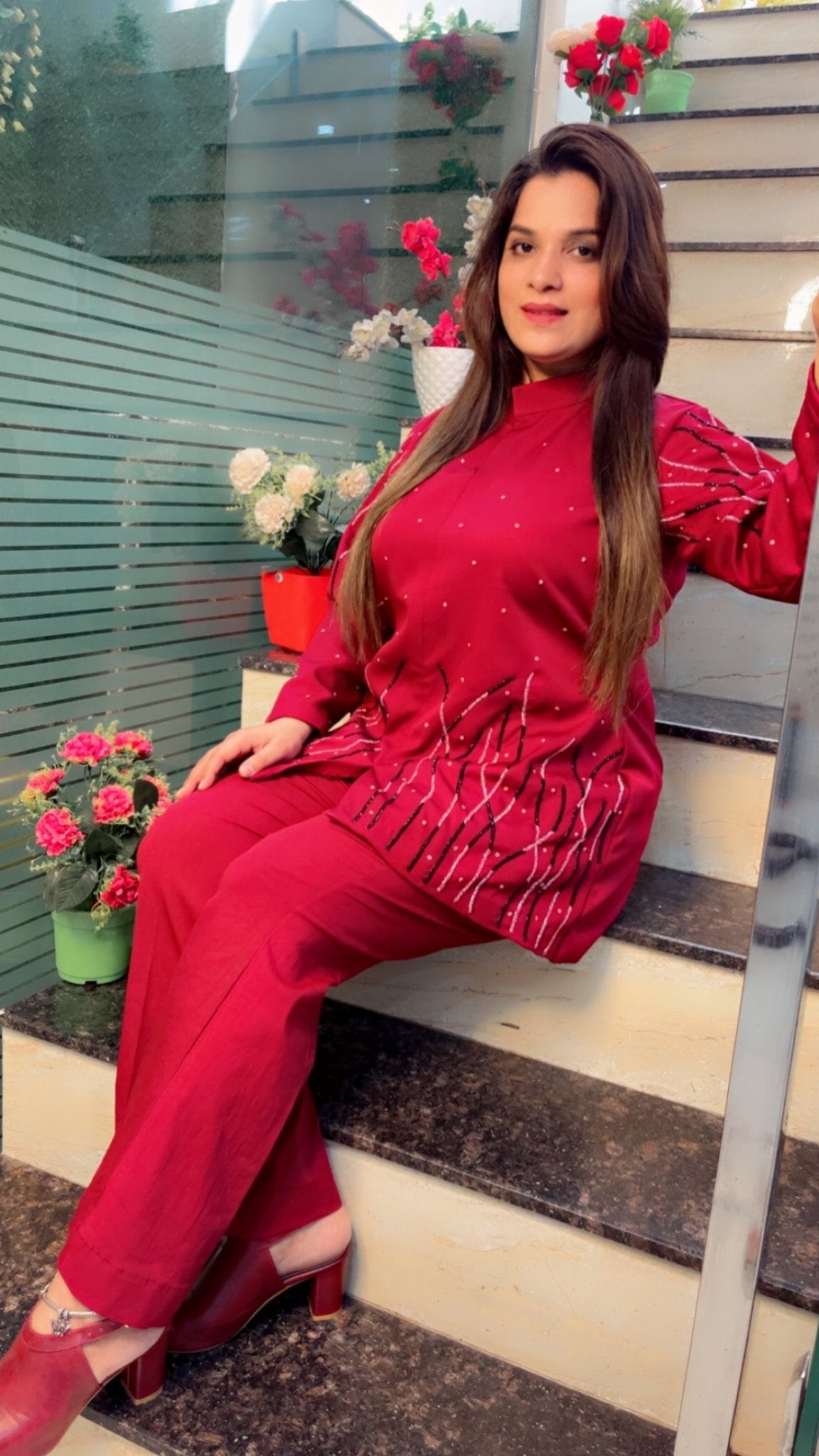Cherry Coloured Hand - Embroidered Banana Crepe Co - ord Set - Kirti Kapoor Couture