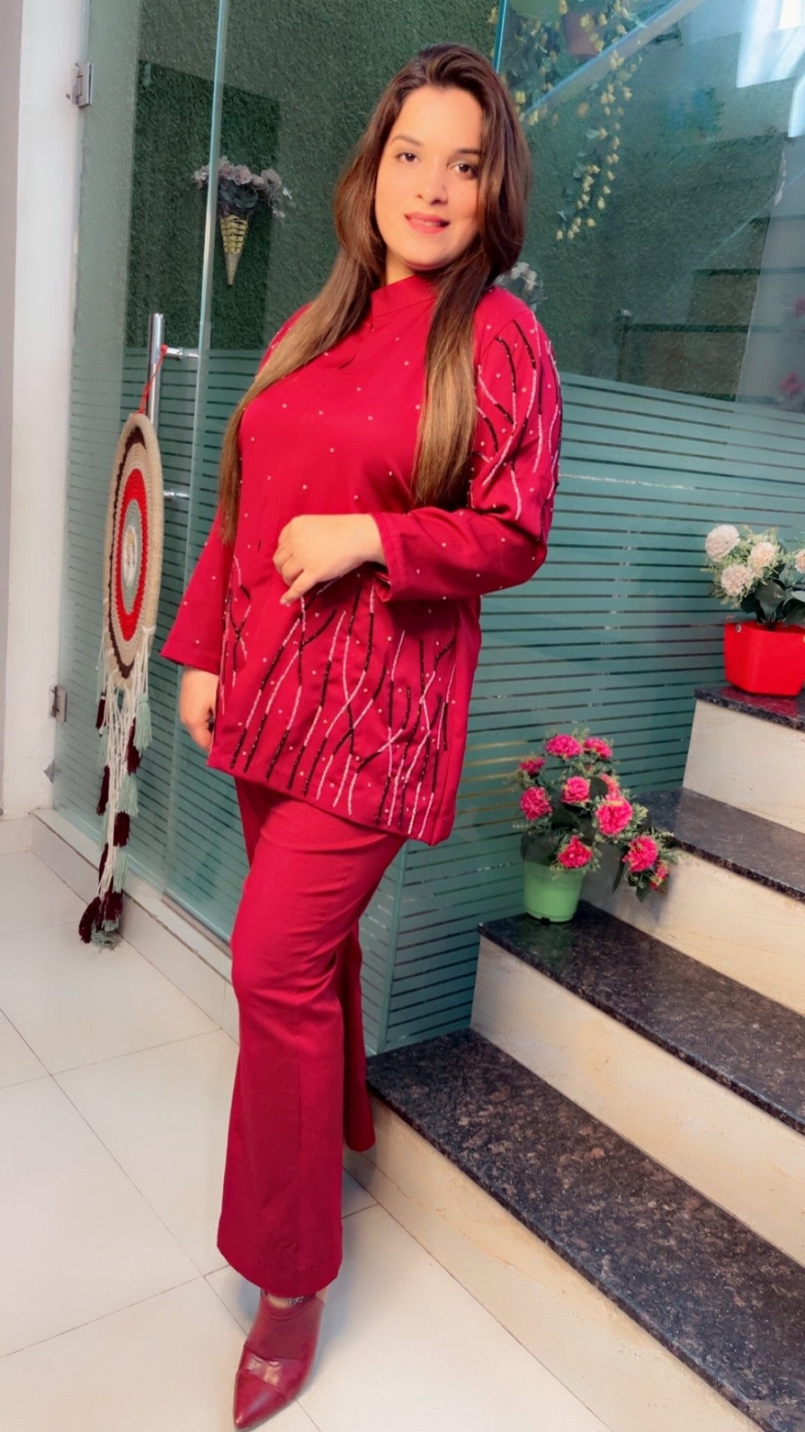 Cherry Coloured Hand - Embroidered Banana Crepe Co - ord Set - Kirti Kapoor Couture