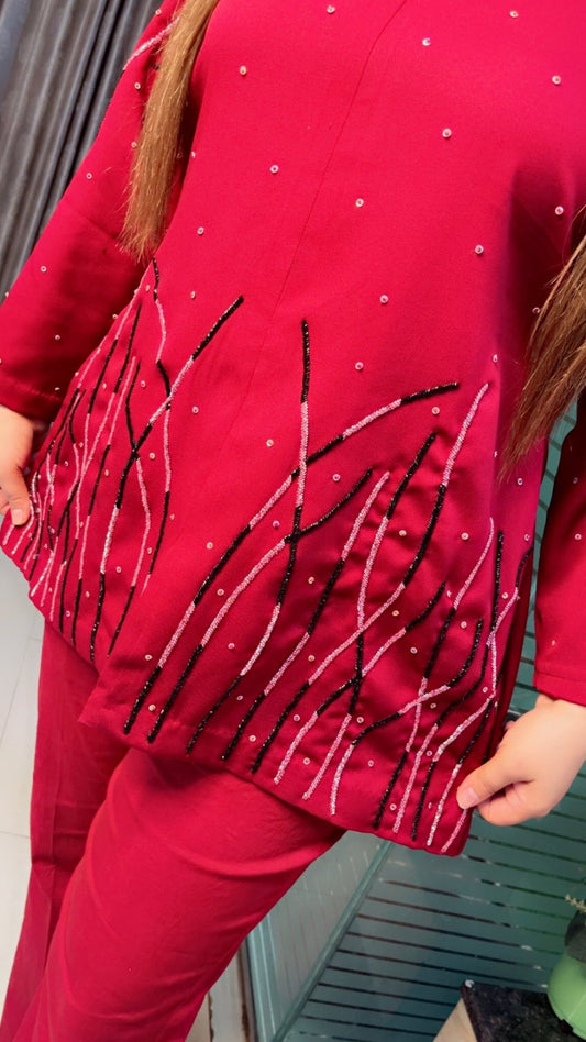 Cherry Coloured Hand - Embroidered Banana Crepe Co - ord Set - Kirti Kapoor Couture