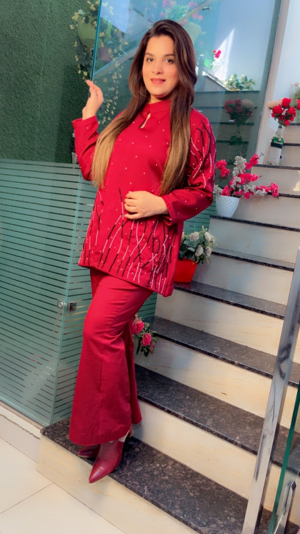 Cherry Coloured Hand - Embroidered Banana Crepe Co - ord Set - Kirti Kapoor Couture