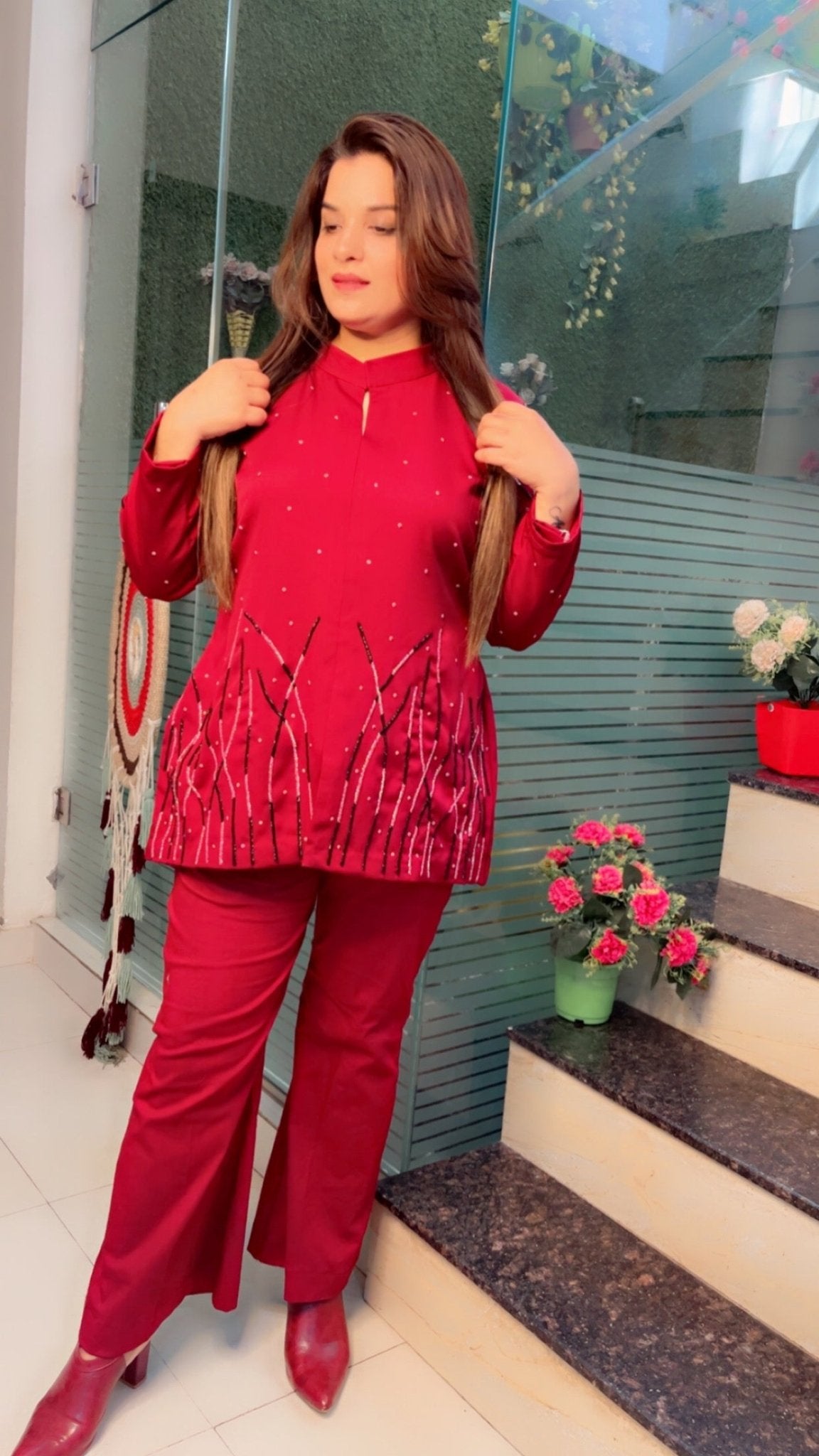 Cherry Coloured Hand - Embroidered Banana Crepe Co - ord Set - Kirti Kapoor Couture