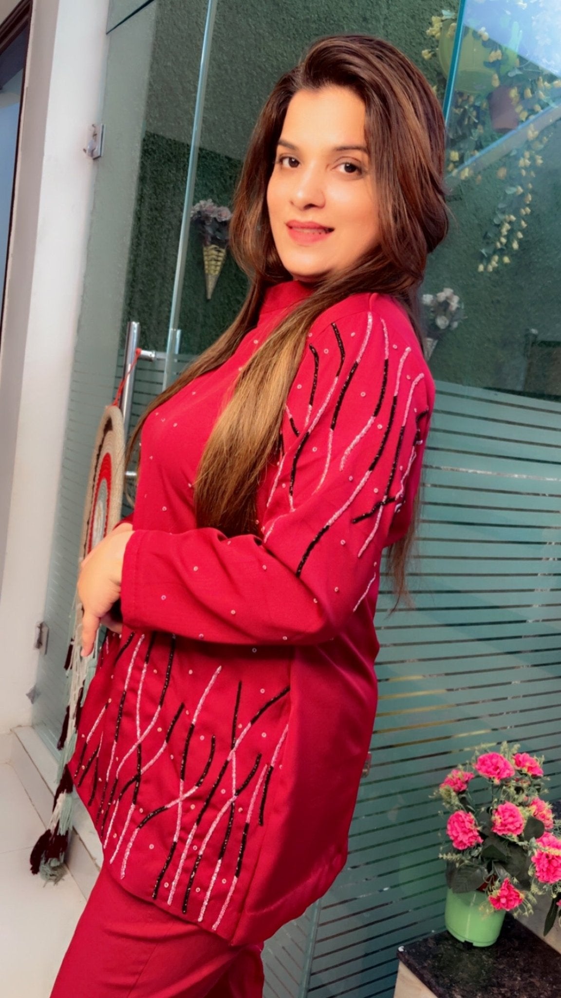 Cherry Coloured Hand - Embroidered Banana Crepe Co - ord Set - Kirti Kapoor Couture