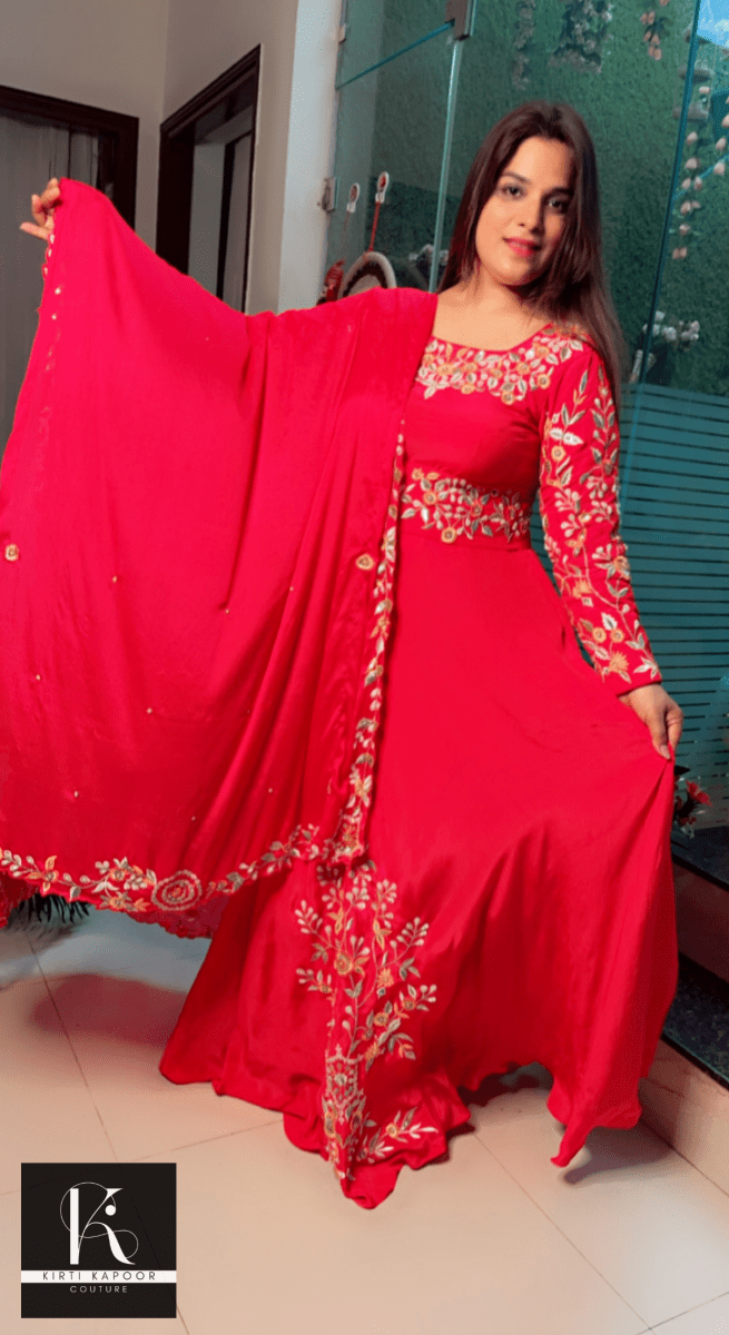 Cherry Red Hand - Embroidered Anarkali Suit - Kirti Kapoor Couture
