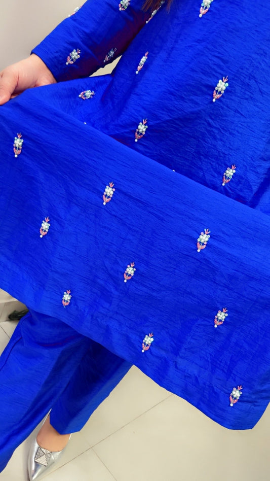 Cobalt Blue Khadi Silk Embroidered Co - ord Set - Kirti Kapoor Couture