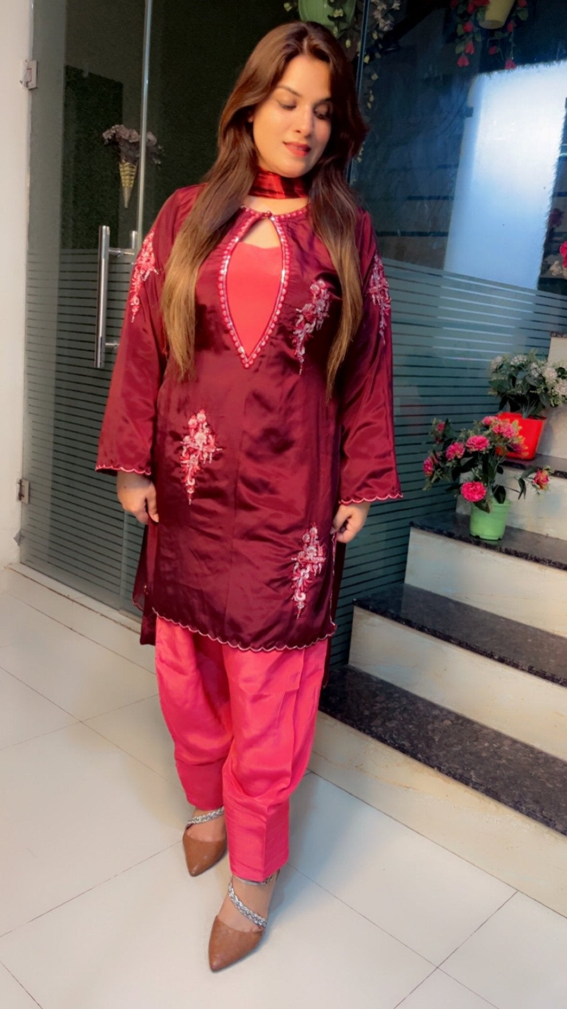 Coffee Embroidered Suit with Contrasting Pink Farshi Salwar and Tie - Dye Dupatta - Kirti Kapoor Couture