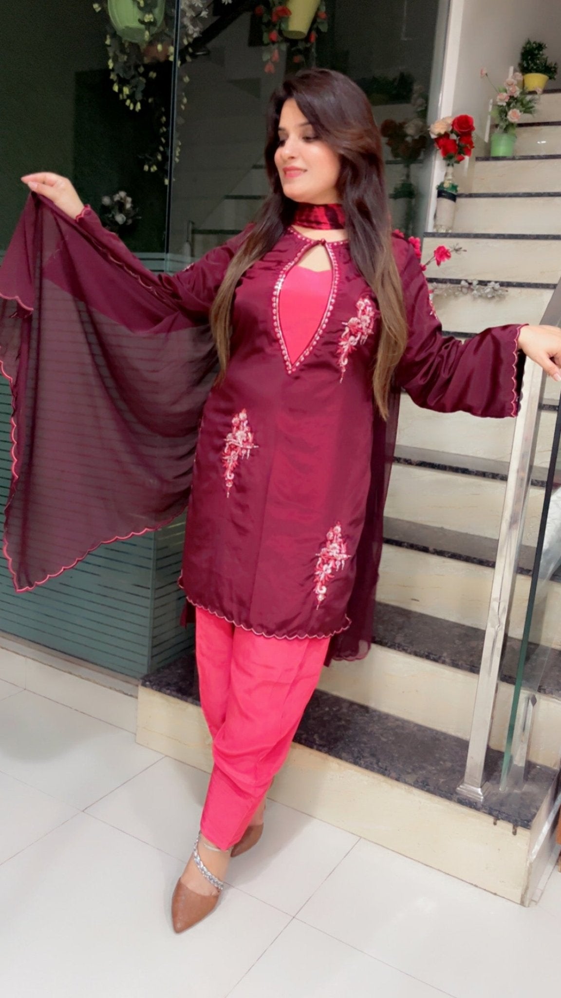 Coffee Embroidered Suit with Contrasting Pink Farshi Salwar and Tie - Dye Dupatta - Kirti Kapoor Couture