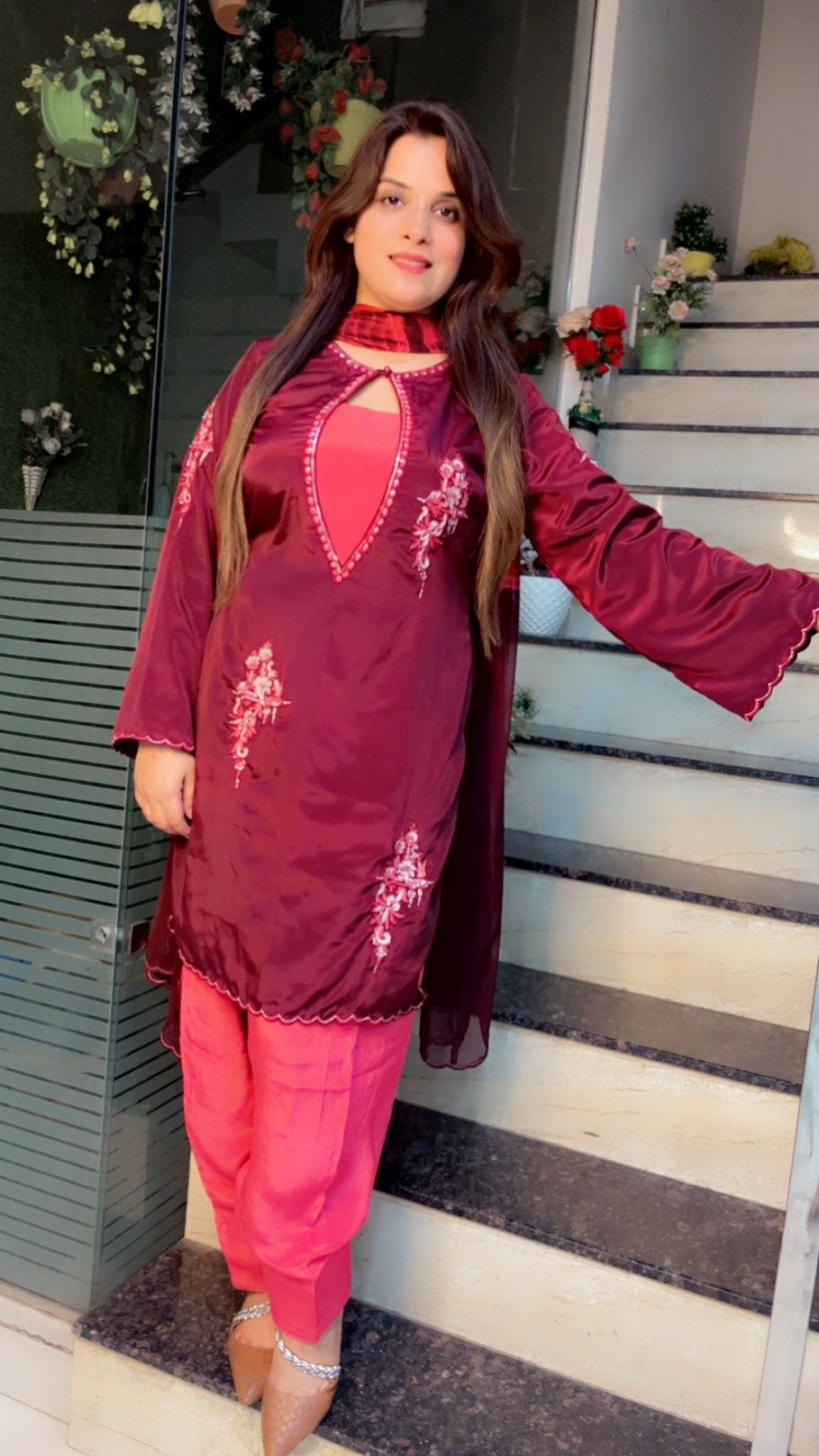 Coffee Embroidered Suit with Contrasting Pink Farshi Salwar and Tie - Dye Dupatta - Kirti Kapoor Couture