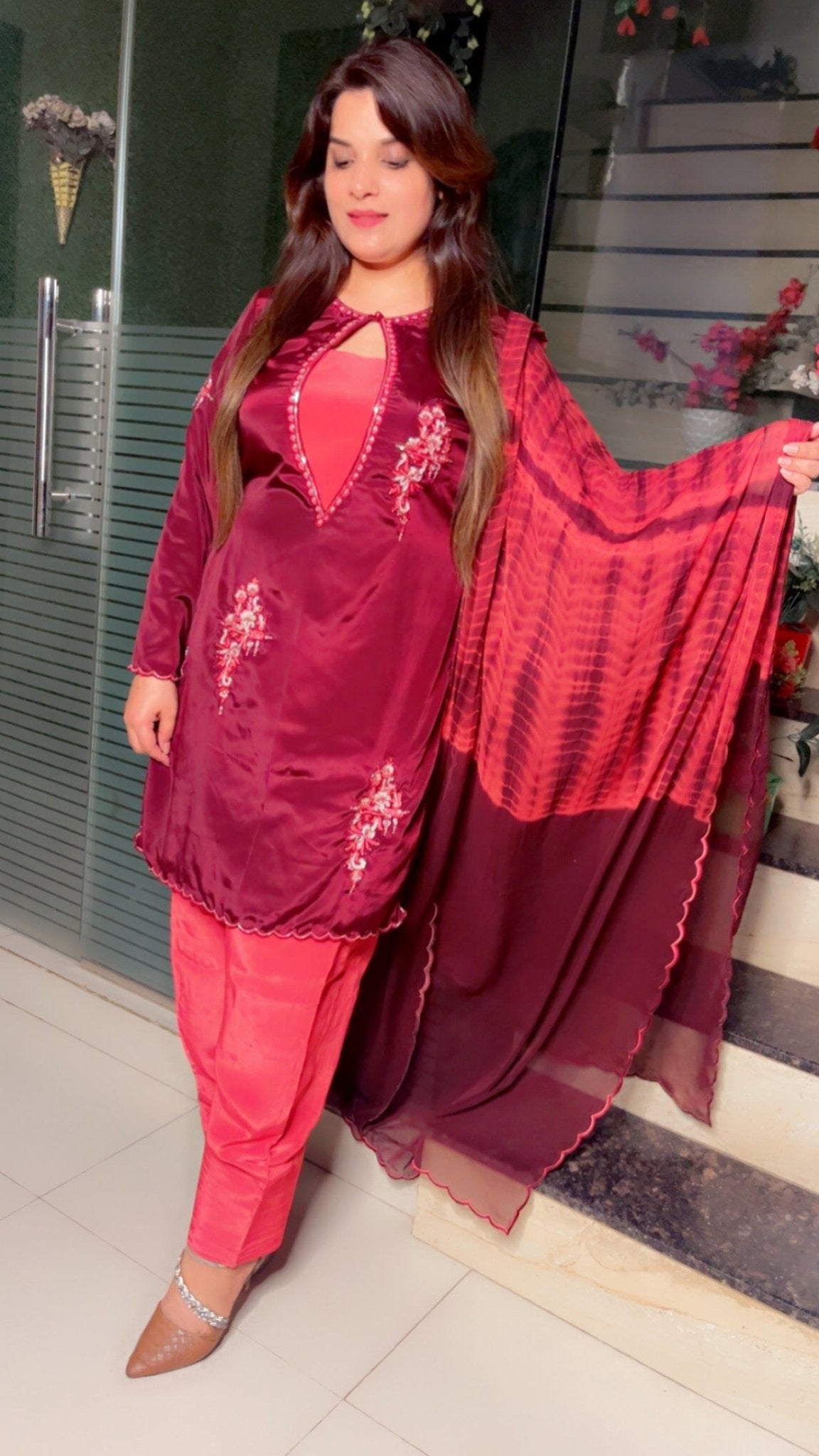 Coffee Embroidered Suit with Contrasting Pink Farshi Salwar and Tie - Dye Dupatta - Kirti Kapoor Couture