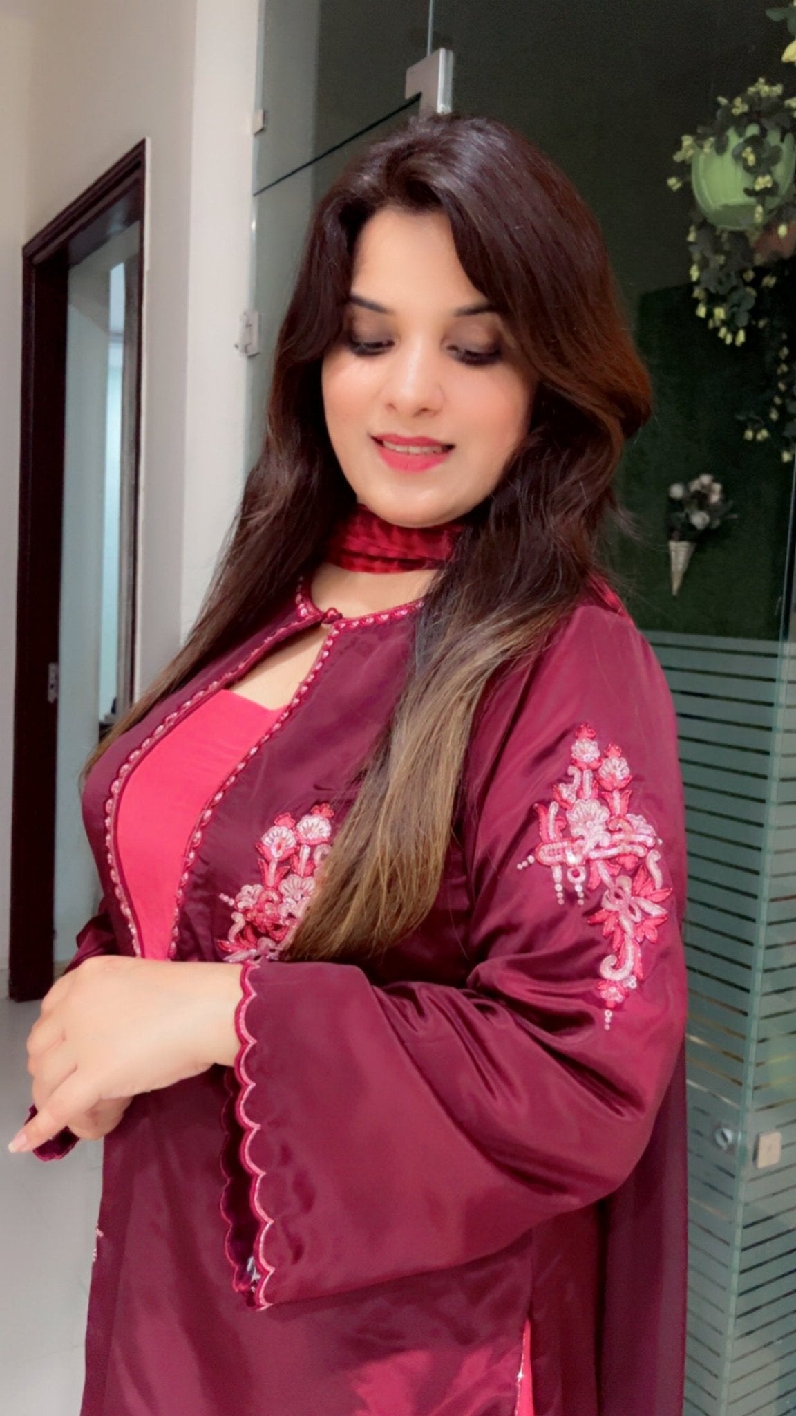 Coffee Embroidered Suit with Contrasting Pink Farshi Salwar and Tie - Dye Dupatta - Kirti Kapoor Couture