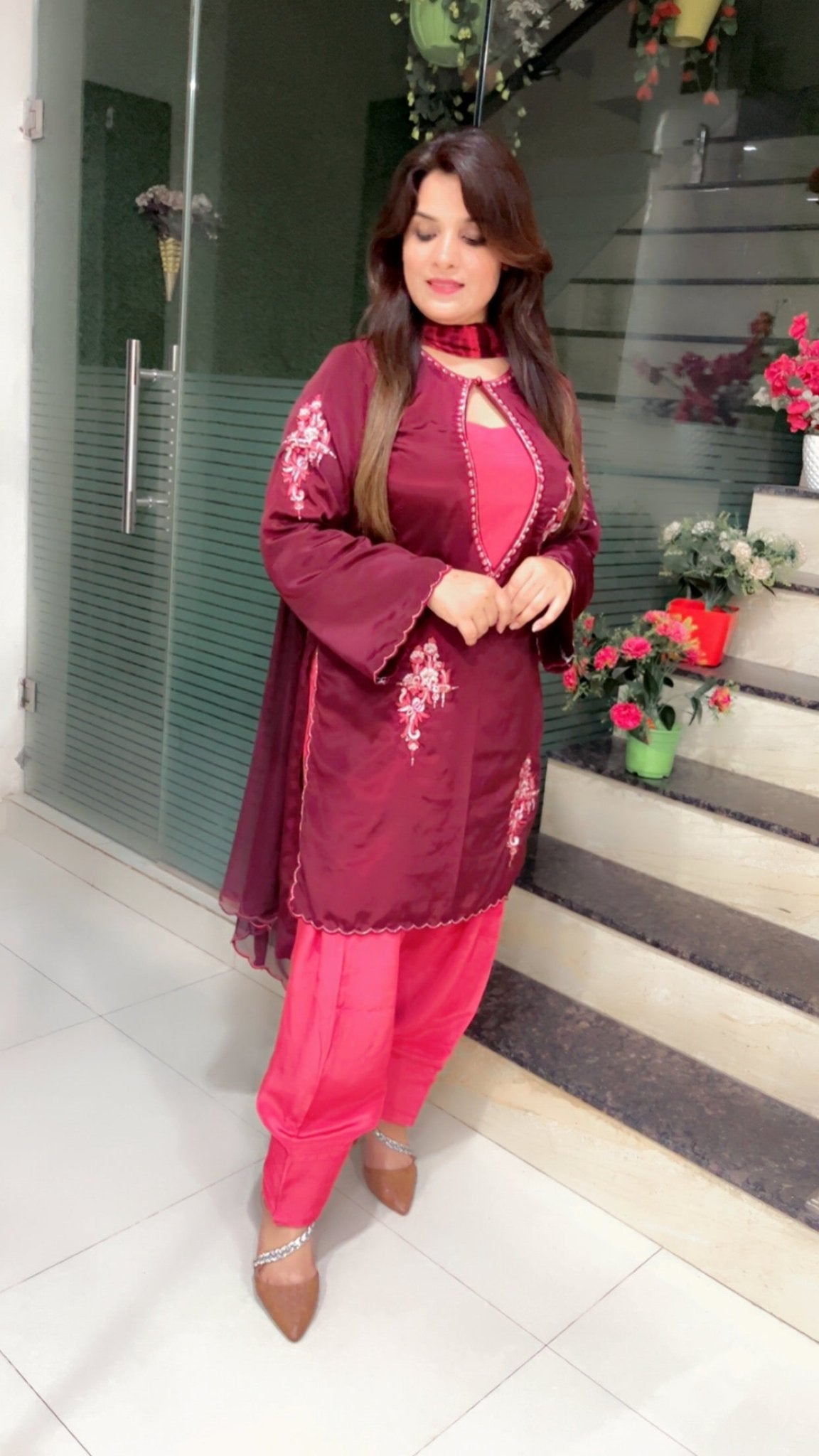 Coffee Embroidered Suit with Contrasting Pink Farshi Salwar and Tie - Dye Dupatta - Kirti Kapoor Couture