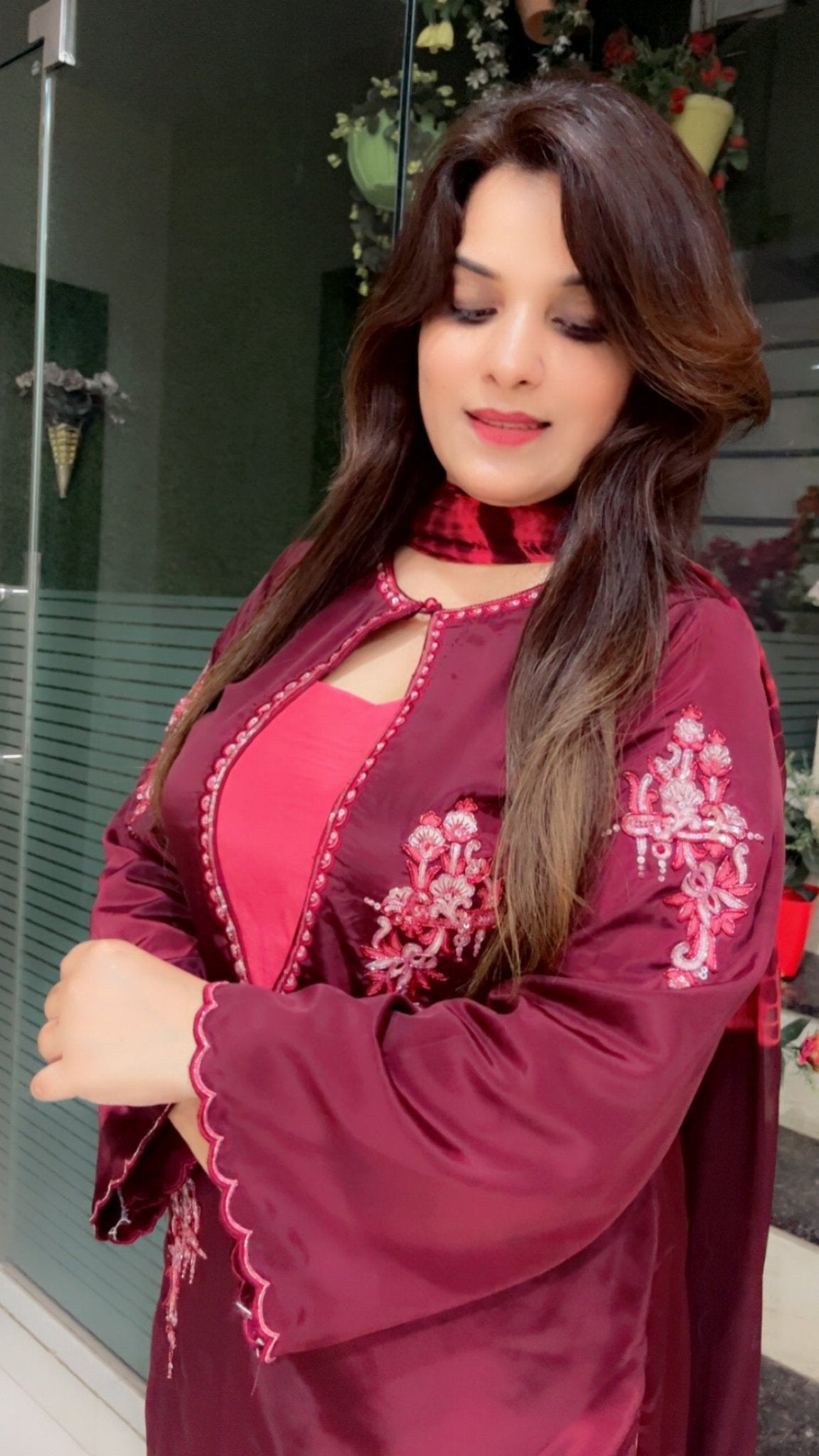 Coffee Embroidered Suit with Contrasting Pink Farshi Salwar and Tie - Dye Dupatta - Kirti Kapoor Couture