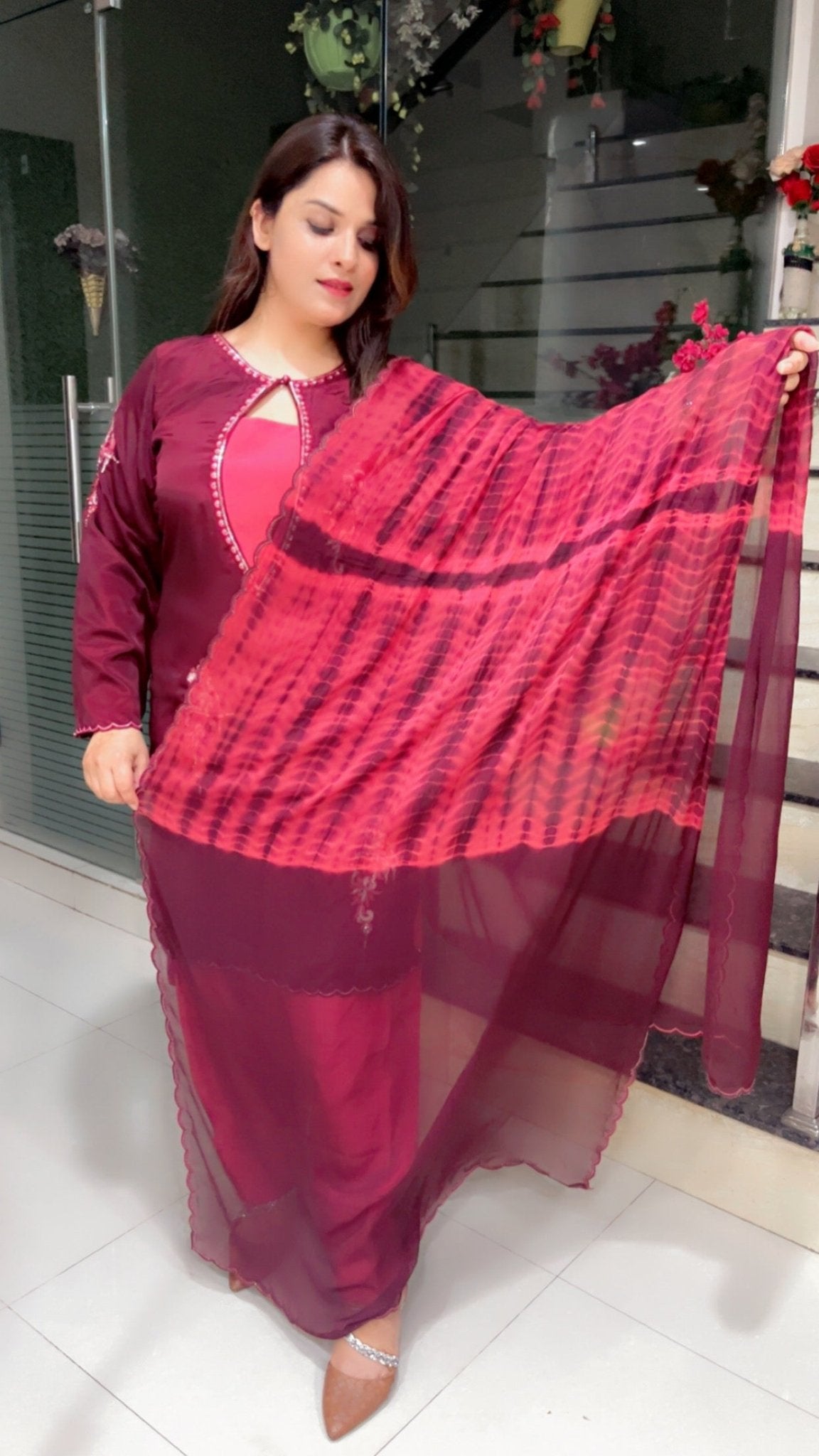 Coffee Embroidered Suit with Contrasting Pink Farshi Salwar and Tie - Dye Dupatta - Kirti Kapoor Couture
