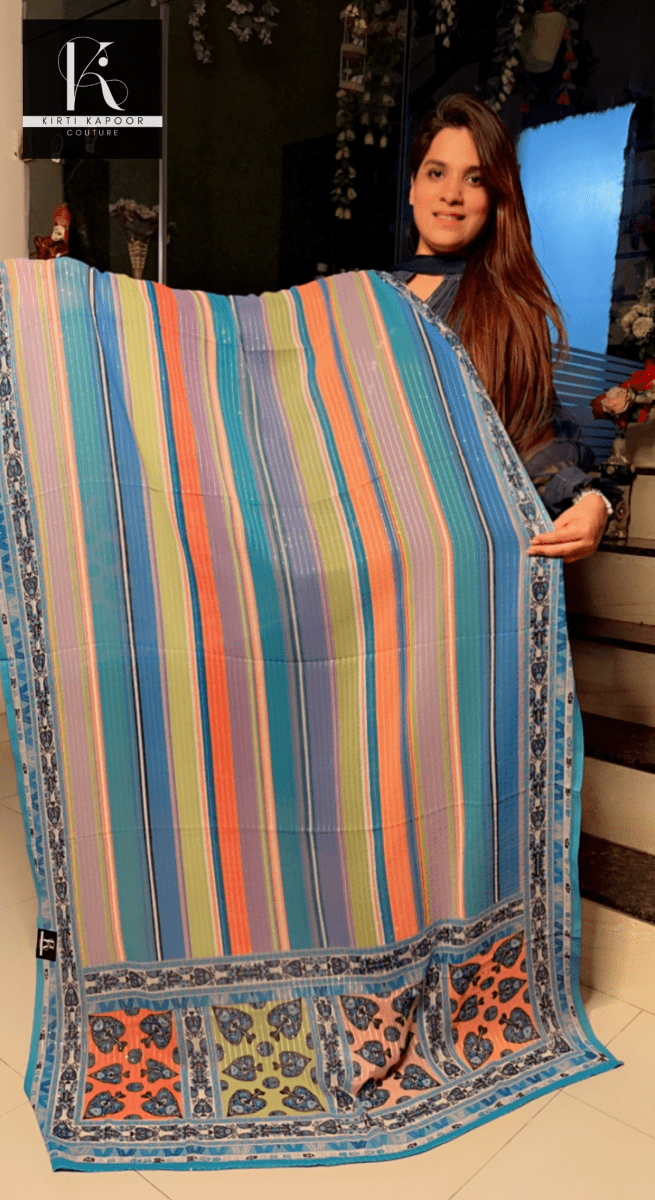 Colored Linear Pattern Dupatta on Blue Base - Kirti Kapoor Couture