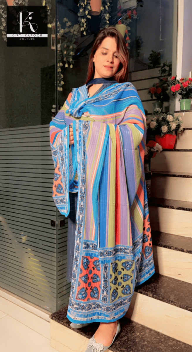 Colored Linear Pattern Dupatta on Blue Base - Kirti Kapoor Couture