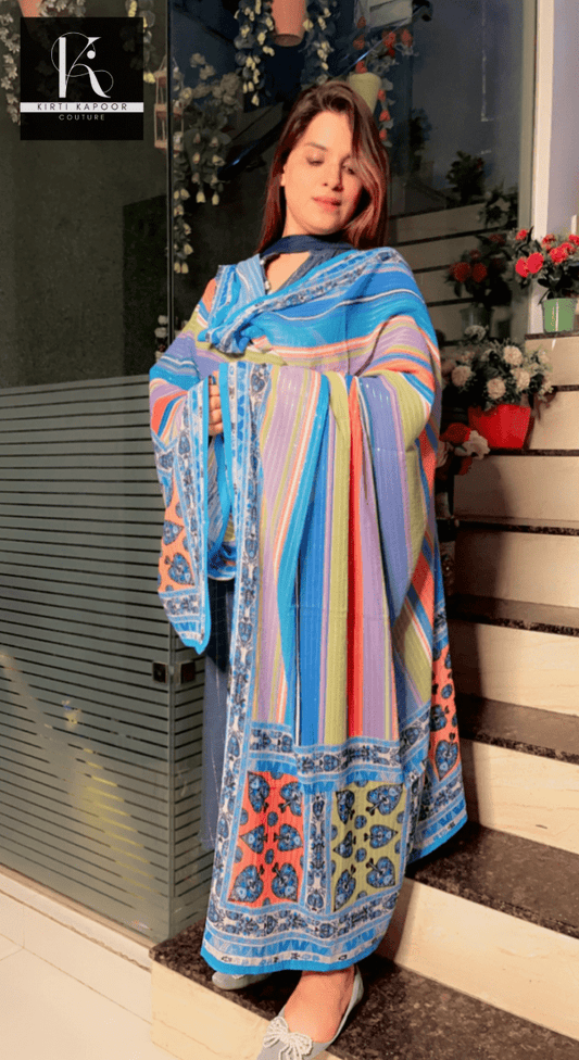 Colored Linear Pattern Dupatta on Blue Base - Kirti Kapoor Couture